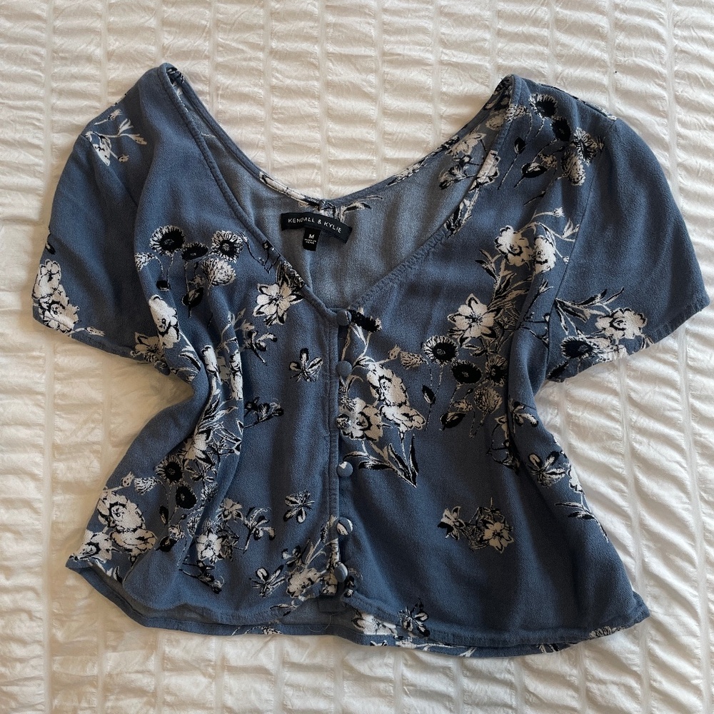 Kendall and Kylie Blue Button-Up Floral Blouse